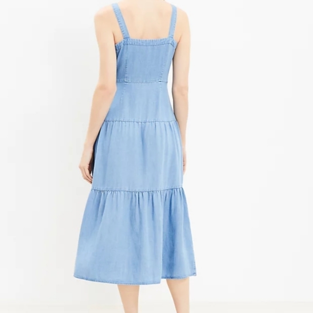 NEW! LOFT Strappy Chambray Button Tiered Midi Dress 0. - Picture 3 of 8